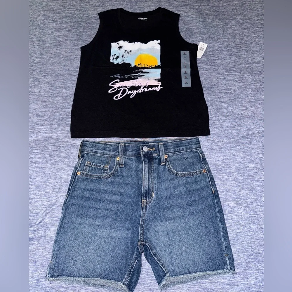 Girls Black Graphic Tank Top and Denim Shorts Set 10/12